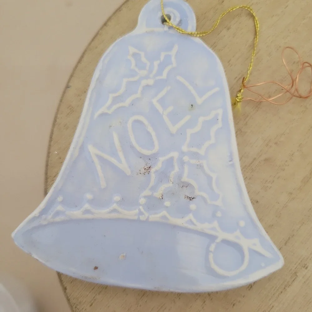 Vintage Blue Ceramic Christmas Ornaments Set Noel Bell and Snowman Disc 2pc